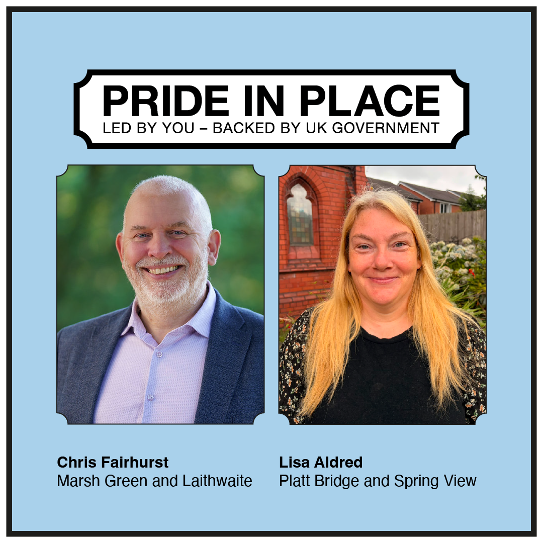 Chris and Lisa's photos on a blue background with words, 'Pride in Place, led by you, backed by Government'
